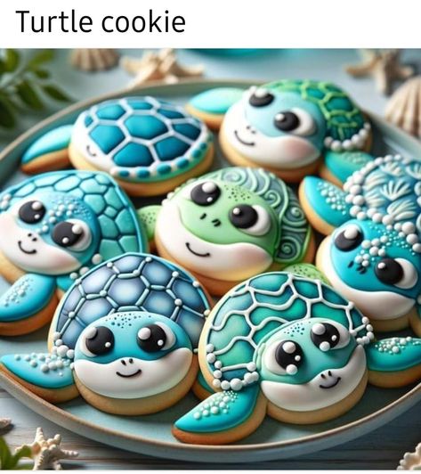 Turtle Cookies Decorated, Sea Turtle Cookies, Turtle Sugar Cookies, Sea Turtle Cupcakes, Turtle Cakes, Sea Turtle Cake, Turtle Cupcakes, Kitten Birthday Party, Beach Themed Cakes