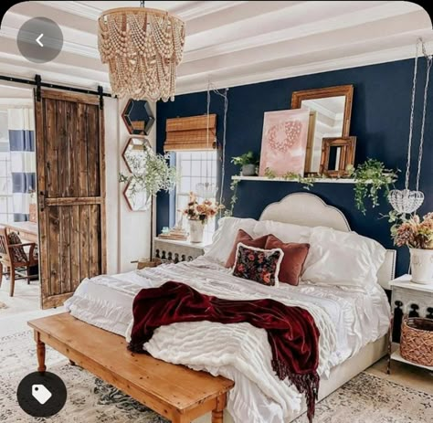 Floating shelf above king size bed Boho Master, Traditional Bedroom Design, Navy Blue Bedrooms, Master Room, Bohemian Bedroom Decor, Traditional Bedroom, Boho Room, Blue Rooms, Bedroom Boho