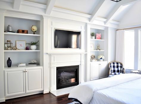 Serene Master Bedroom and Master Bathroom Design Master Suite Remodel, Bedroom Built Ins, Backyard Fireplace, Small Space Bedroom, Bedroom Fireplace, Master Decor, Bedroom Master, Farmhouse Bedroom Decor, Trendy Bedroom