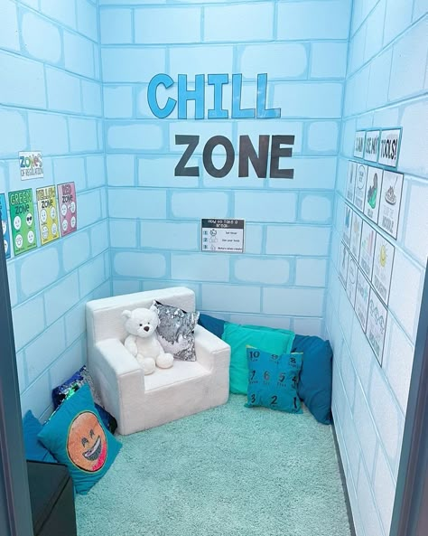 ❄️ Closet turned into a classroom chill zone! My kiddos go here when they need a break. A timer is set for 2 minutes, they use their tools, and they return to work! Chair and bear are from @target Visuals are in my tpt store and in my teacher drive (lots of color options and individual calming kits too!) #teachersfollowteachers #iteachsped #iteachkinder #iteachfirst #iteachsecond #classroom #spedteacher #calming #specialeducation #spedtribe #weteachsped #teachersofinsta #kindergarten ... Zen Zone Classroom Ideas, Chill Zone Classroom Ideas, Classroom Chill Zone, Calming Room Ideas School, Chill Out Zone, Calming Classroom, Meditation Station, Calm Corner, Zones Of Regulation