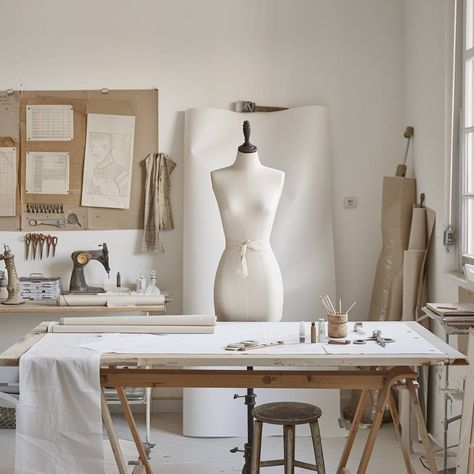 Luxury Tailor Shop, Clothing Design Studio, Professional Sewing Studio, Sewing Room Vintage, Fashion Design Room Studio, Fashion Designer Job Aesthetic, Sewing Table Ideas Diy, Home Fashion Studio, Seamstress Room