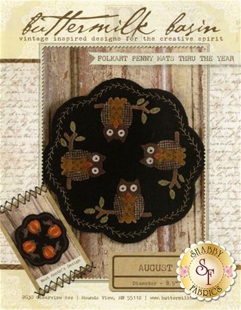 Folkart Penny Mats Thru The Year - August Pattern Wool Candle Mats, Felt Candle Mats, Buttermilk Basin, Penny Rug Patterns, Fall Applique, Candle Mats, Wool Felt Projects, Wool Applique Patterns, Penny Rug