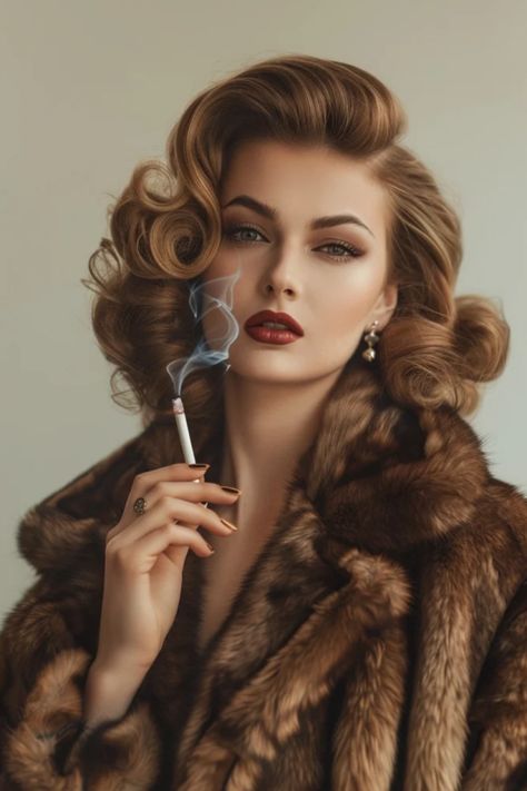 Elegant woman with vintage hairstyle and makeup, holding a cigarette, wearing a fur coat. Teased Curls, Mob Wife Makeup, Night Out Hairstyles, Half Up Curls, Brown Hair Inspiration, Light Bangs, Rubber Band Hairstyles, Short Shaved Hairstyles, Chic Short Hair