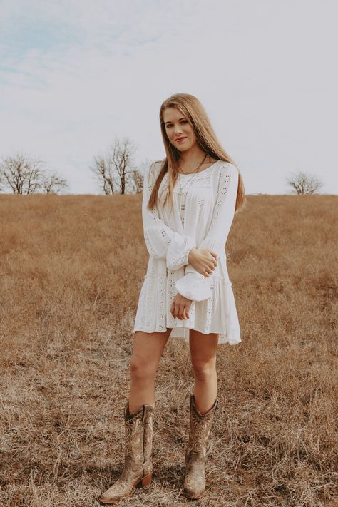 Wedding With Boots, White Sundress Wedding, Cowgirl Senior Pictures, Sundress Wedding, Dress With Cowboy Boots, Dress Cowboy Boots, White Sun Dress, Dresses With Cowboy Boots, Graduation 2024