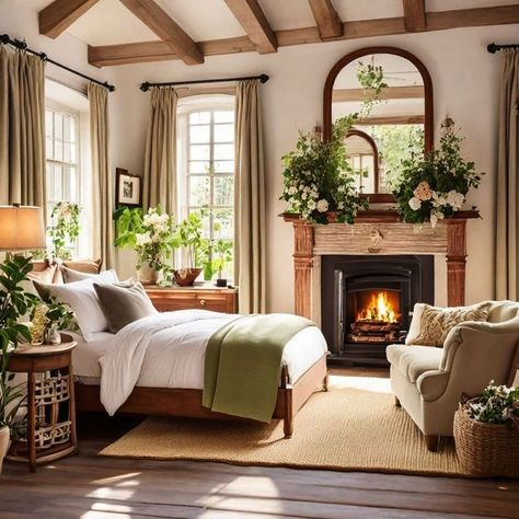 Bedroom Gas Fireplace Ideas, Tudor Bedroom Ideas, Bedrooms With Fireplaces Master, Boho Bedroom With Fireplace, Rustic Cottage Bedroom Ideas, Bedroom Layout With Fireplace, Cottage Master Bed, Small Bedroom With Fireplace, Fireplace In Bedroom Ideas