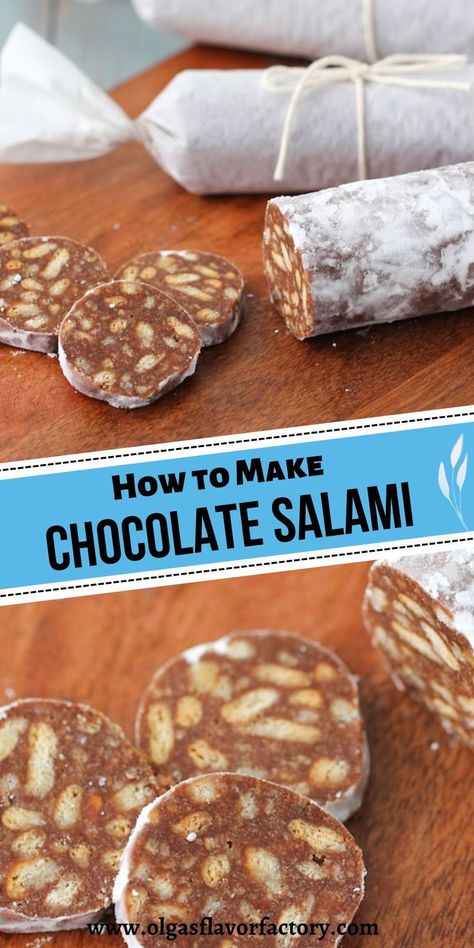 Chocolate salami is a no-bake dessert, a combination of cookies and chocolate. It looks like salami, but is actually a dessert and is so easy to make. Chocolate Salami Recipe, Salami Recipe, Russian Tea Cookies, Chocolate Salami, Xmas Treats, Tea Biscuits, Candy Recipes Homemade, Tea Cookies, Chocolate Dessert