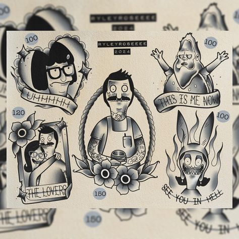 Bobs burgers flash all available to be tattooed b&g or color ✨🍔 ~ ~ ~ ~ ~ ~ ~ ~ ~ ~ ~ ~ ~ ~ ~ ~ ~ ~ ~ ~ #bobsburgers #njtattooartist #tattooartist #tradtattoos #neotraditional #neotrad #colortattoo Bob Burger Tattoo, Burger Tattoo, Bobs Burgers Tattoo, Bobs Burgers Funny, Traditional Black Tattoo, Flash Sheet, Black Tattoo, Bobs Burgers, Neo Traditional