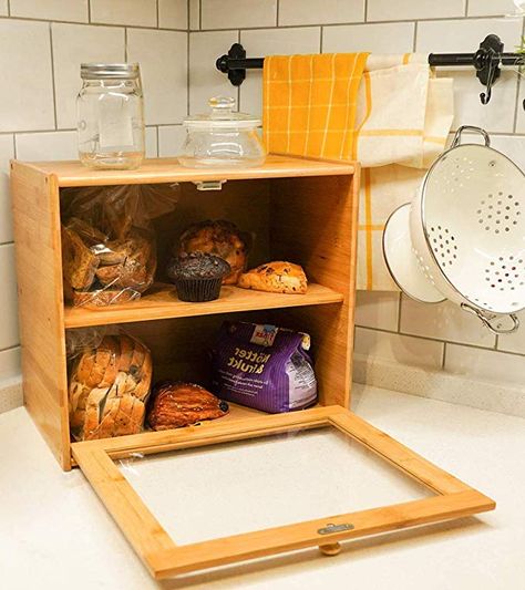 Amazon.com: Goodpick 2-Layer Bamboo Bread Box 15.8" x 14" x 9.8" Large Size Bread Storage Bin on Countertop Shelf - Extra Large bread box for Kitchen Counter with Transparent Window, 2 More Loaf Bread Box: Kitchen & Dining Organize Kitchen Countertops, Compact Kitchen Design, Wooden Bread Box, Countertop Shelf, Wood Carving Furniture, Bread Storage, Kitchen Organization Pantry, Diy Crafts For Adults, Counter Decor