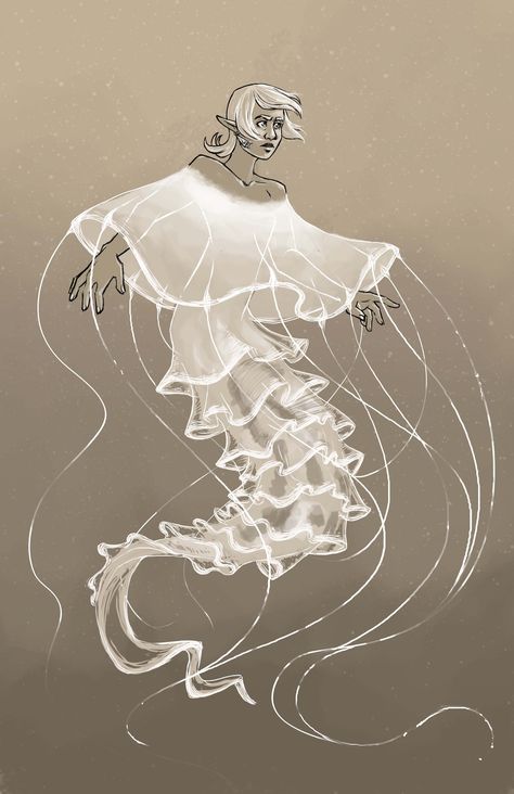 Jellyfish Fashion Inspiration, Jelly Fish Inspired Garments, Jellyfish Outfit Drawing, Mermaid Ears Drawing, Jellyfish Inspired Outfit, Jelly Fish Mermaid, Jellyfish Person, Jellyfish Haircut Drawing, Jellyfish Cosplay