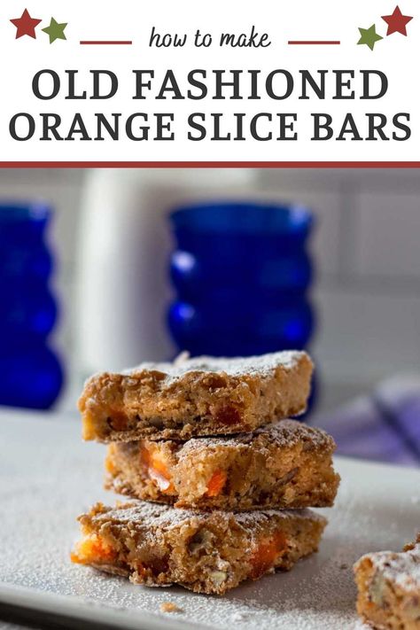 Orange slice candy turns dessert bars into a delicious treat. An old fashioned recipe that made a regular appearance at church supper buffets in the 60's. Your kids will flip over these. #dessertbarrecipes #orangeslicecandy #orangebars Orange Slice Candy Recipe, Orange Slice Candy, Slice Dessert, Chewy Bars, Southwestern Recipes, Thanksgiving Food Sides, Orange Slice, Pot Luck, Slices Recipes