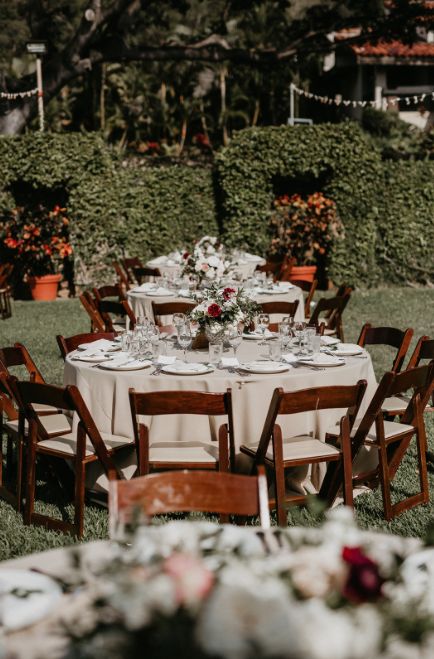 Round tables and dark wood folding chairs Dark Wood Folding Chairs Wedding, Fruitwood Folding Chairs Wedding, Brown Chairs Wedding, Folding Chairs Wedding, Wedding Round Table, Round Wedding Tables, Chairs Wedding, 50th Wedding Anniversary Party, Wood Folding Chair