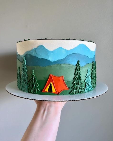 One happy camper 🏕️ • • Order first birthday cakes on our website 🔗 in bio! • • #onehappycamper #firstbirthdaycake #buttercreamcakes #buttercreamcake #buttercream #buttercreamart #customcake #cakedecorating #cakestagram #cakedesign #instacake #cakeideas #vermontbakery #vermontbaker #homebaker #homebakery #bakergram #vermont #madeinvermont #madeinvt #shelburnevermont #shelburnevt #bluehousebakeshop #cake #baker #pastrychef Smash Cake Camping Theme, Camping Cake Design, Camping First Birthday Cake, Camp Theme Birthday Cake, Camping Party Cake, One Happy Camper Birthday Cake, Baby Boy First Birthday Cake Ideas, Happy Camper Birthday Cake, One Happy Camper First Birthday Cake