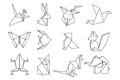 Origami Animals set. Geometric by the8monkey on @creativemarket Origami Animals Drawing, Origami Drawing, Origami Vector, Origami Tattoo, Origami Shapes, Geometric Origami, Origami Dragon, School Murals, Origami Animals