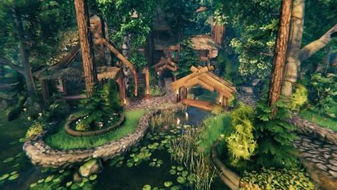 Valhiem House Ideas, Valheim Building Ideas, Valheim Village, Valheim House Ideas, Valheim Castle, Valheim Builds, Ark Survival Evolved Bases, River Village, Rose Reference