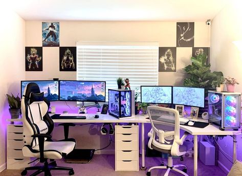 A Pretty Cool Looking Dual Setup! Really Like The Lightning And The Wall Decorations! Let Me Know What You Guys Think In The Comments!!⬇️… His And Hers Game Setup, Couple Streamer Setup, Gaming Set Up For Couples, Game Room Ideas His And Hers, Gaming Room Setup His And Hers, Gaming Room Setup Two People, His And Hers Pc Gaming Setup, Couples Gaming Desk, Couple Set Up Gamer