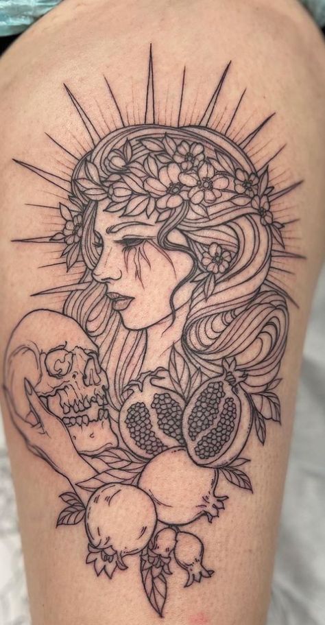 Persephone Art Nouveau, Perspherone Goddess Tattoo, Greek Goddess Tattoo Persephone, Heretic Tattoo, Persephone Tattoo Design, Demeter Tattoo, Feminine Leg Tattoos, Persephone And Hades Tattoo, Hades And Persephone Tattoo