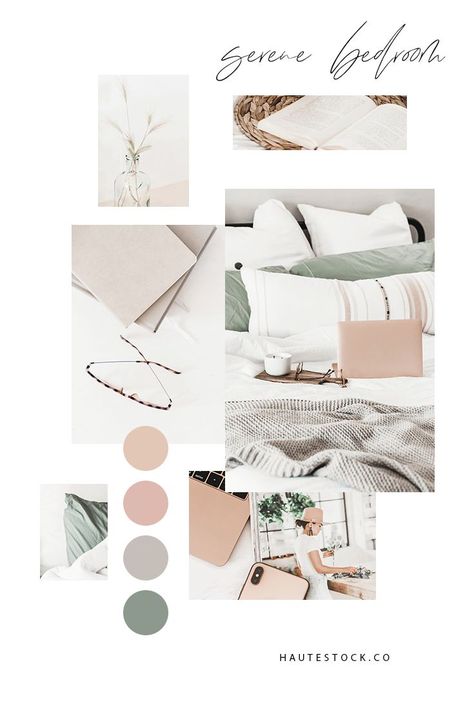 Blush Sage Bedroom, Sage And Blush Bedroom, Design Moodboard Inspiration, Home Moodboard, Haute Stock, Bedroom Moodboard, Mood Board Interior, Serene Bedroom, Styled Stock Photography