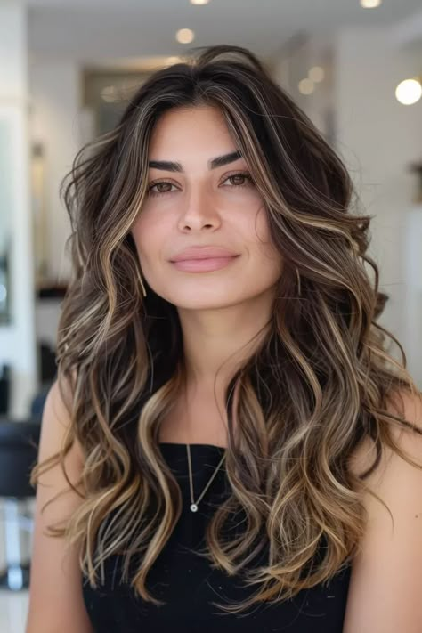 Brunette Foil Highlights, Balayage For Long Dark Brown Hair, Full Highlights For Black Hair, Rooted Highlights On Dark Hair, Fall Hair Balayage Brunettes, Light Brown Hair With Babylights, Long Highlighted Hair, Highlights In Dark Brown Hair, Highlights Color Ideas