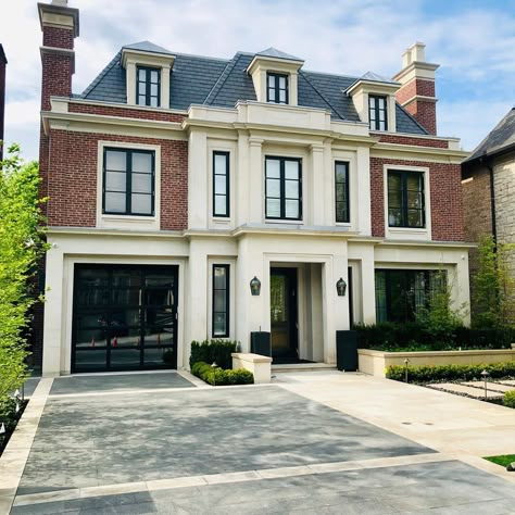 Transitional house on 50 ‘ lot we recently completed with Indiana limestone and American brick MakowArchitects.com #makowarchitects #frenchtransitional #customhomes #torontohomes #torontocustomhomes #luxuryhomes #tishlercustomhomes #dreamhomes #architecture Apartment Details, Indiana Limestone, Red Brick House Exterior, Georgian Style Homes, Classic House Exterior, Red Brick House, Brick Exterior House, American House, Brick Architecture