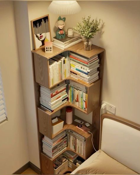 Transform your bedroom nook into the ultimate reading corner! This compact bookshelf is perfect for book lovers and small space dwellers. Add warm lighting, personal decor, and a touch of greenery for a cozy, aesthetic vibe. Save this for your next home decor inspiration! #SmallSpaceDecor #BookshelfIdeas #CozyCorners #ReadingNook #HomeOrganization #MinimalistLiving #BedroomAesthetic #InteriorInspo Bookshelf Design Minimalist Bedroom, Office Room Small Spaces, Small Book Shelf Design, Book In Bedroom, Bookshelf In Small Space, Making Space In A Small Room, Small Bedroom Corner Decor, Tiny Flat Ideas Space Saving, Small Living Room Bookshelf