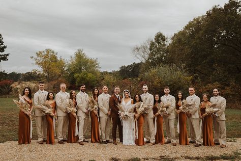 Tan And Jeans Groomsmen, Groomsmen Attire For Fall Wedding, Golden Brown Wedding Theme, Brown Wedding Theme Groomsmen, Tan And Burnt Orange Wedding, Boho Wedding Bridal Party, Western Ranch Wedding, Groomsmen Attire With Jeans, Bridesmaid Dresses And Groomsmen Suits