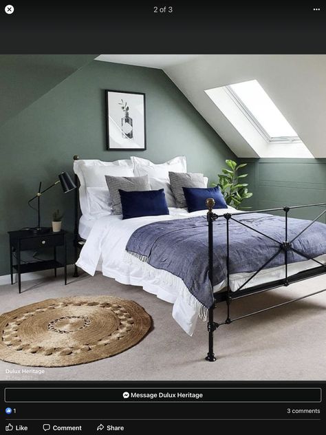 Attic Rooms Bedroom, Eaves Bedroom, Bedroom Sloped Ceiling, Slanted Ceiling Bedroom, Bedroom Ideas Green, Sloped Ceiling Bedroom, Khaki Bedroom, Loft Conversion Bedroom, Green Bedroom Walls