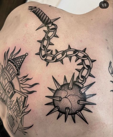 Shoulder Chain Tattoo, Which Tattoos, Mace Tattoo, Emo Tattoos, American Traditional Tattoos, Tattoo Catalog, Chain Tattoo, Tattoo Apprenticeship, Gangsta Tattoos