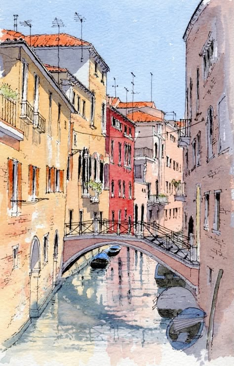 Venice Bridge Easy Watercolor Landscape, Landscape Painting Ideas, Venice Bridge, Venice Painting, Watercolor Architecture, Watercolor Paintings Easy, Easy Canvas Painting, 수채화 그림, Watercolor Landscape Paintings