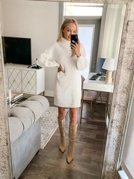 Fall White Sweater Dress, Short White Sweater Dress, White Turtleneck Sweater Dress, White Dress Christmas Pictures, Beige Sweater Dress Outfit Boots, Cream Colored Sweater Dress, Ivory Winter Outfit, Knee High Boots Outfit Christmas, White Fall Dress Outfit