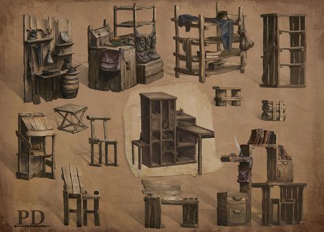 ArtStation - Medieval propses. Furniture, Elen Clarke Medieval Props, Medieval Witch, Interior Concept Art, Illustrations Ideas, Furniture Sketch, Medieval Furniture, Props Concept, Medieval Life, Medieval Houses