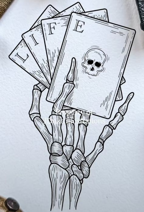 Skeleton Hand Holding Cards, Bastet Tattoo, Skeleton Hands Drawing, Skeleton Hand Holding, Cherub Tattoo, Surreal Tattoo, Tattoo Outline Drawing, Sketch Tattoo Design, Tattoo Style Drawings