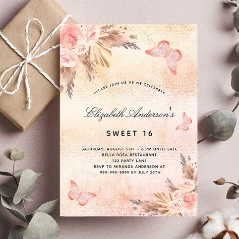 $2.80 | Sweet 16 butterfly pampas grass blush invitation | Birthday Invitations | pampas grass, butterfly, butterflies, rose gold, blush pink, boho bohemian style, floral, 16th sixteenth birthday party, sweet 16 years old sixteen, modern trendy 40th Birthday Party For Women, Budget Birthday, Blush Invitations, Birthday Butterfly, Butterfly Invitations, Rose Gold Butterfly, Boho Invitations, Birthday Cheers, 40th Birthday Invitations