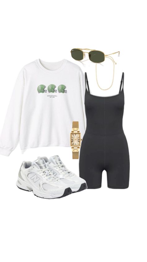 sporty outfit, athletic outfit, college outfit, jumpsuit, msu sweatshirt, football sweatshirt, game day outfit, sporty chic, tailgate outfit, Pilates, new balances, gold necklace, gold sunglasses Outfit Sporty Chic, Tailgate Outfit College, College Football Game Outfit, Outfit Athletic, Athletic Chic, Outfit Jumpsuit, Trendy Outfits Inspiration, Outfit Sporty, New Balances