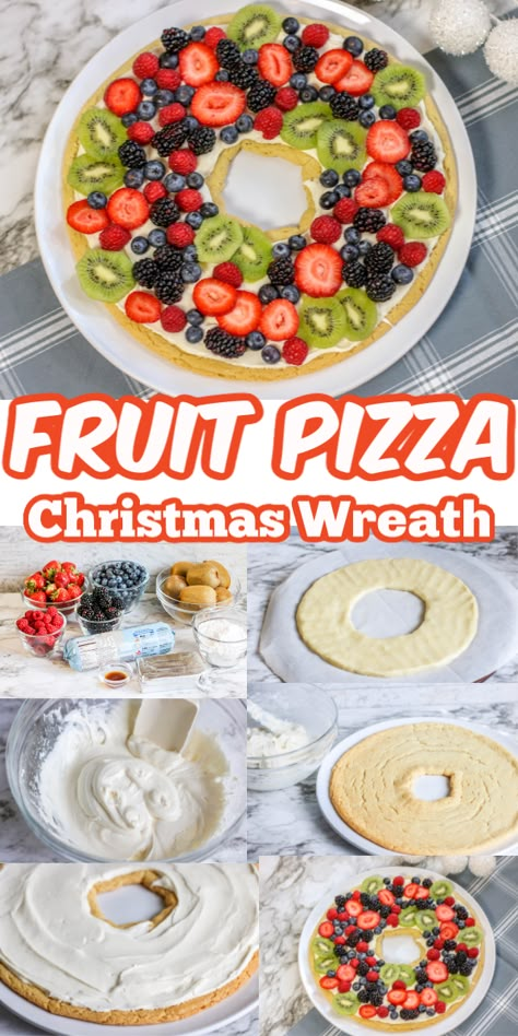 This fruit pizza Christmas wreath is a fun and festive treat for a holiday party. It is made with store bought sugar cookie dough making it a simple dessert. #cookiewreath #christmasdessert Christmas Fruit Veggie Tray, Fruit Pizza Charcuterie Board, Christmas Fruit Tray Ideas, Holiday Fruit Tray, Fruit Pizza Christmas, Christmas Fruit Pizza, Christmas Fruit Tray, Fruit Sugar Cookies, Christmas Sleepover