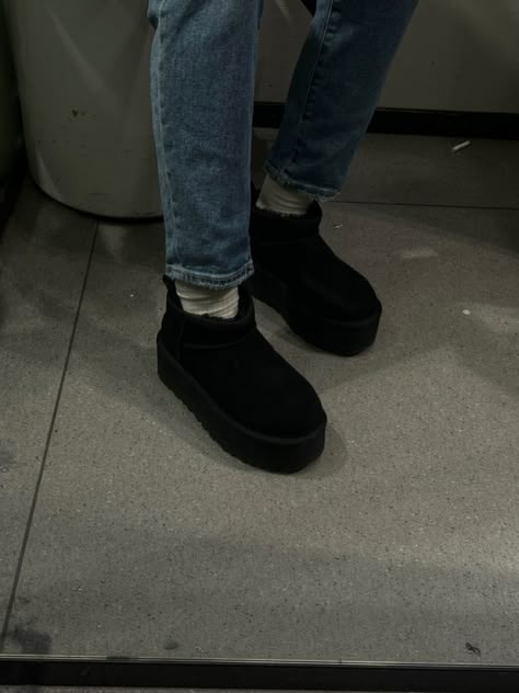 Goth Ugg Outfit, Black Uggs Aesthetic, Ugg Black Mini, Ugg Classic Mini Black, Classic Ultra Mini Ugg Black, Ugg Classic Mini Platform Black, Winter Wishlist, Ugg Ultra Mini, Black Uggs