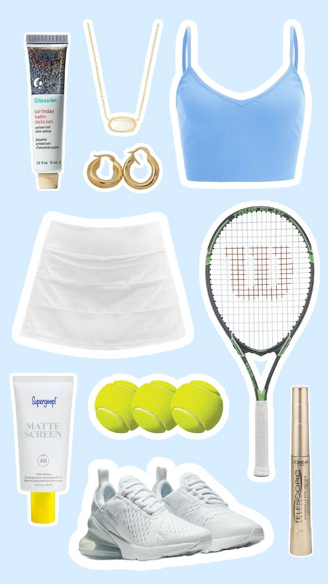 Preppy tennis fit Preppy Exercise Outfits, Tennis Preppy Outfits, Preppy Sports Outfits, Tennis Inspired Outfit, Preppy Tennis Outfit, Tennis Outfit Preppy, Preppy Camp, Tennis Essentials, Cute Tennis Outfit