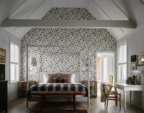 Fashion Designer Todd Snyder Is Behind These Perfectly Rustic Maine Bungalows | Architectural Digest Bedroom With Wallpaper, Seaside Bedroom, Vaulted Ceiling Bedroom, White Wood Desk, Unique Accent Tables, Four Post Bed, Linen Couch, Ceiling Wallpaper, Sage Green Walls