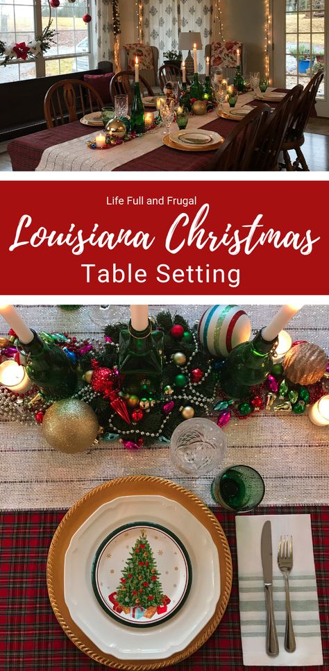 Louisiana Christmas Table Setting Life full and frugal #christmastable #christmastablesetting #christmasfeast #christmastableinspo #christmastableideas #tablesetting #traditionalchristmas #festivechristmas #christmasdecor #christmasdecorations #christmasinspo Louisiana Christmas Decorations, Lounge Curtains, Cajun Christmas, Louisiana Christmas, Plaid Wedding, Christmas Table Setting, Easter Table Settings, Christmas Table Centerpieces, Green Glass Bottles