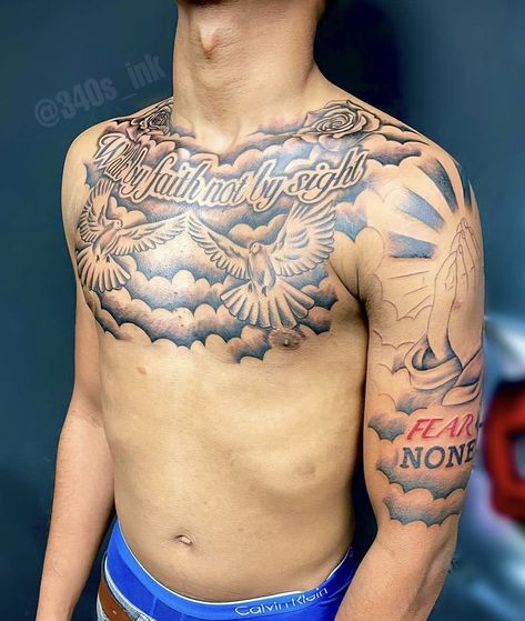 Full Chest Tattoo Men, Chest Tattoo Writing, Chest Tattoo Quotes, Chest Tattoo Drawings, Arm Tattoos For Guys Forearm, Full Chest Tattoos, Scripture Tattoos, Tatted Men, Half Sleeve Tattoos Drawings