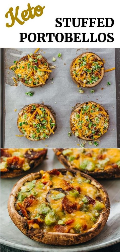 This is an easy recipe for making stuffed and roasted portobello mushrooms that are baked in the oven. Keto and low carb. The stuffing consists of crumbled bacon, scallions (green onions), cheese, and garlic. Simple and delicious! Low Carb Stuffed Portabella Mushrooms, Stuffed Portabella Mushrooms Healthy Low Carb, Stuffed Portabella Mushrooms Recipes, Keto Portobello Mushroom Recipes, Flat Mushroom Recipes, Easy Portobello Mushroom Recipes, Keto Green Recipes, Healthy Portabella Mushroom Recipes, Baked Mushrooms Oven Stuffed