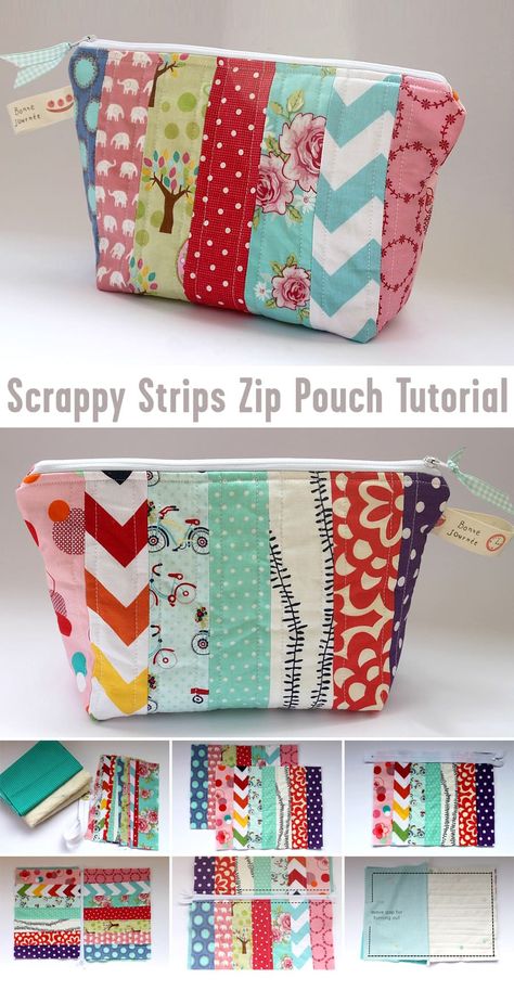 Small Zipper Pouches To Sew, Lined Zipper Pouch Tutorial Free Pattern, Patchwork Pouch Tutorial, Quilt As You Go Zipper Pouch, Diy Quilted Zipper Pouch, Scrappy Zipper Pouch, Easy Scrap Sewing Projects, Quilted Bag Patterns Free Zipper Pouch, Small Zippered Pouch