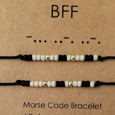 Morse Code Secret Message Bracelets. One For You And One For Your Bff. Glass Beads And 14k Gold Filled Space Beads. One Size Fits Most. Friendship Bracelets Morse Code, Bff Morse Code Bracelet, Morse Code Jewelry Diy, Best Friend Morse Code Bracelet, Morse Code Bracelet Ideas, Mores Code Bracelets, Bracelet Ideas For Best Friends, Morse Code Bracelet Messages, Morse Code Bracelet Diy