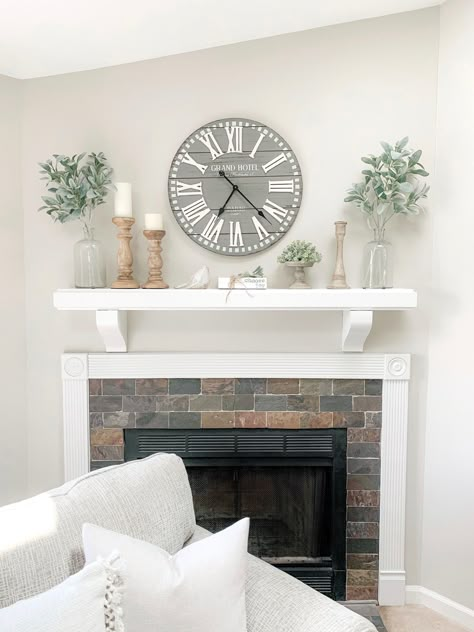 Mantle Modern Farmhouse, Farmhouse Style Mantle Decor, Home Decor With Sage Green, Mantle Decorating Ideas Vintage, Fireplace Mantle Decor Modern Farmhouse, Clock Over Mantle, Above Fireplace Decor Farmhouse, Fireplace Mantle Decor With Large Clock, Decoration Above Fireplace