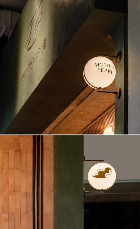 Mother Pearl by A Work Of Substance Tea House Design, Bubble Tea Shop, Green Facade, Shop Signage, Exterior Signage, Cafe Shop Design, Signage Wayfinding, Shop Sign, Cafe Interior Design