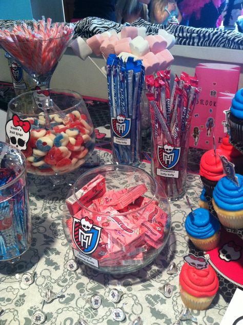 Monster high candy buffet. Emily's 7th birthday party 2000s Emo Birthday Party, Monster High Themed Birthday Party, Monster High Snacks, Monster High Sweet 16 Party, Monster High Themed Party, Monster High Bday Party, Monster High Theme Party Ideas, Monster High Birthday Party Decorations, Monster High Party Decorations