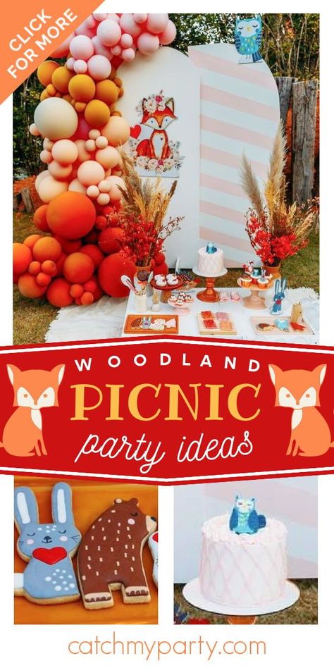 Take a look at this sweet woodland-themed picnic birthday party! The table settings are gorgeous! See more party ideas and share yours at CatchMyParty.com Woodland Picnic Party, Woodland Picnic Birthday Party, Fox Themed Food Ideas, Fox Party Ideas, Fox Birthday Party Activities, Fox Party Games Kids, Picnic Birthday Party, Forest Birthday, Party Organization