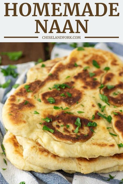 This homemade naan is surprisingly easy and even better than what you can buy at the grocery store. #homemadenaan #naanrecipe #naanbread #naan | chiselandfork.com Naan Recipe No Yogurt, Naan Bread No Yeast, Quick Naan, Easy Homemade Naan, Bread No Yeast, Vegan Naan, Vegan Flatbread, Homemade Naan, Homemade Naan Bread