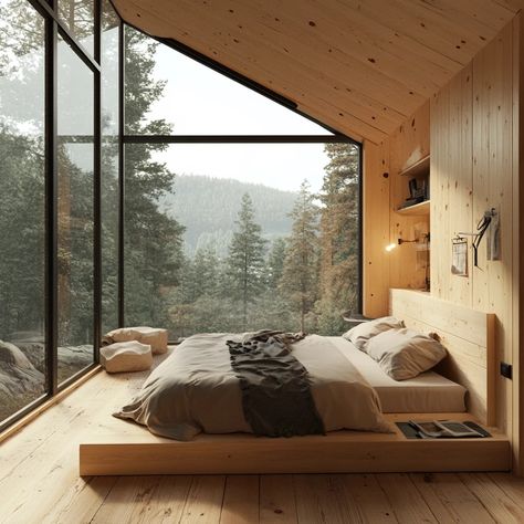 Cozy modern cabin bedroom with large floor-to-ceiling windows offering scenic forest views. Minimalist wooden interior design with a comfortable bed and natural light. House With Forest View, Scandinavian Interior Cabin, Modern Cabin Bedroom, Wooden Interior Design, Home In Forest, Windows Bedroom, Modern Cabin Interior, Cabin Style Home, Cabin Windows