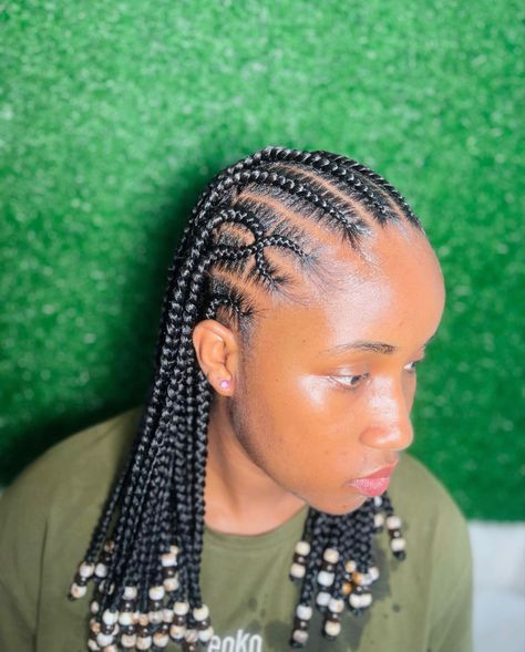 Short Beaded Cornrows, Feed In Cornrows With Beads, Short All Back Cornrows With Beads, All Back With Beads Hairstyles, Short Hair Styles With Beads, Short Feed In Braids With Beads, Cornrows Braids For Black Women With Beads, Short Hairstyles With Beads, Cornrows Braids For Black Women Short