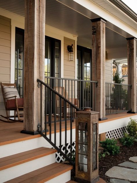 Front Porch Ideas With Railing, Wood Porch Columns With Railing, Back Porch Railing Ideas Farmhouse, Stained Porch Railing, Front Porch With Metal Railing, Front Porch Rebuild, Front Porch Lattice Ideas, Front Porch Ideas Railing, Small Porch Railing Ideas